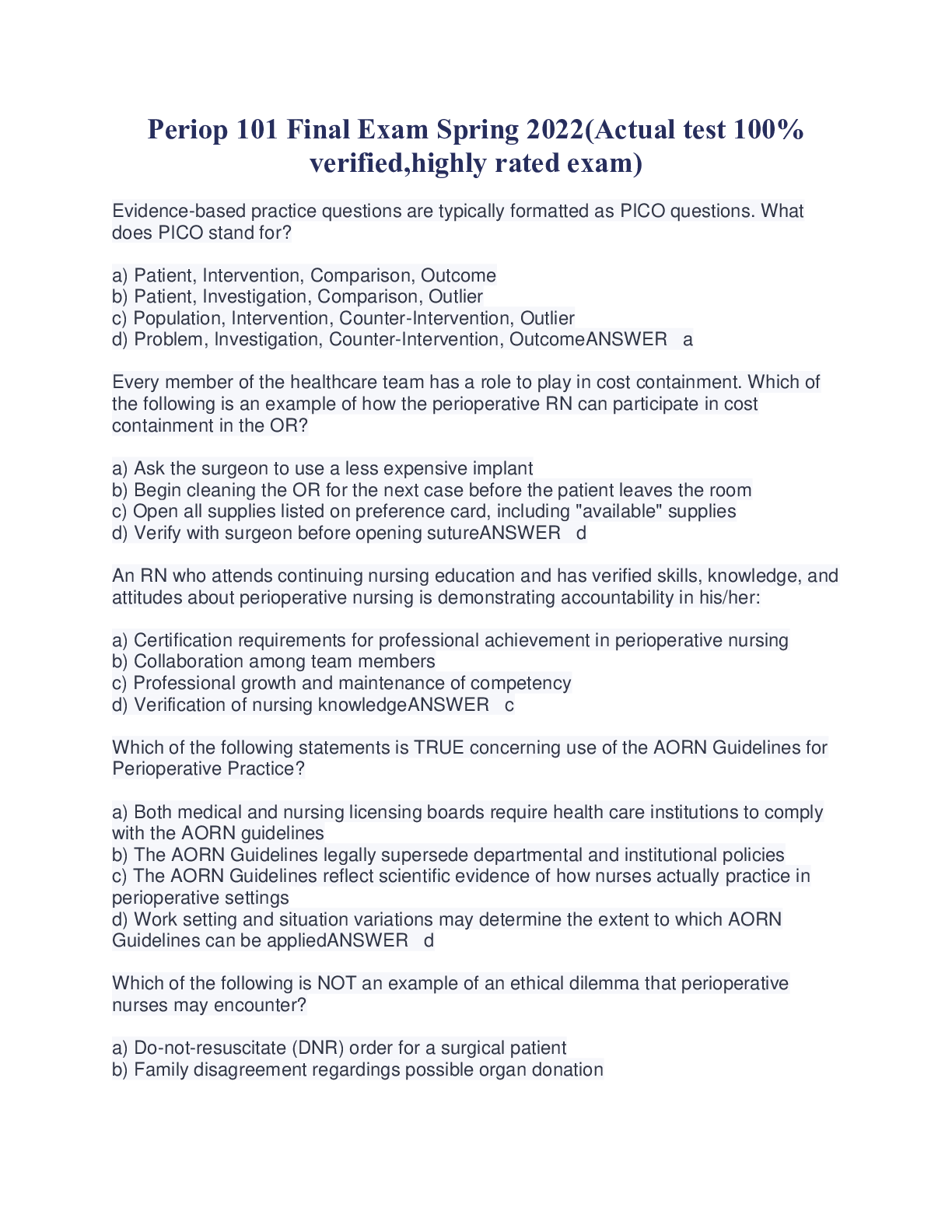 Preview image for AORN Periop 101 Final Exam Study Guide Spring 2022 (Answered) 1